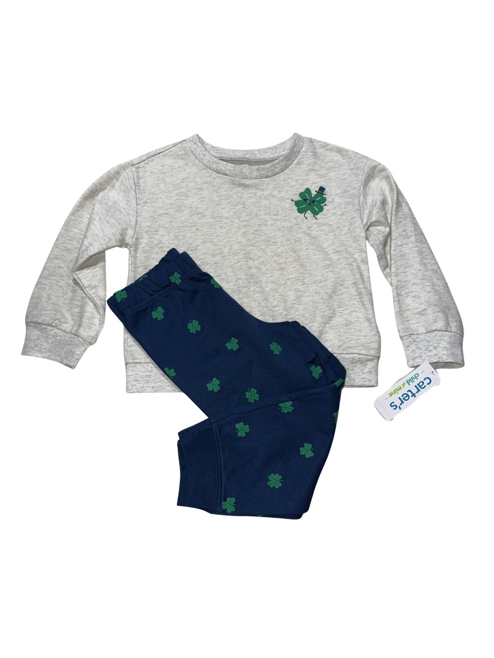 NWT Boys Carter’s St. Patty’s Sweat Suit Luck Clover Gray Navy Blue Size 3T